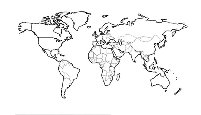Een zwarte omtrek van een wereldkaart op een witte achtergrond, met alle continenten en landsgrenzen zichtbaar, klaar om ingekleurd te worden.