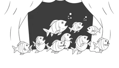 Zwart-wit kleurplaat van tien cartoonvissen die zingen op een podium met gordijnen, muzieknoten en bellen.