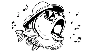 Kleurplaat van een gestileerde vis die zingt, met een fedora hoed, zonnebril en schakelketting, omringd door muzieknoten.