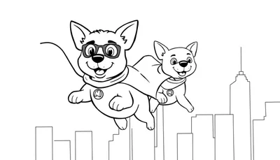 Zwart-wit lijntekening van twee lachende honden verkleed als superhelden die door de lucht vliegen boven een stad.
