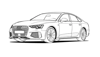 Lijntekening van een Audi sedan in driekwart vooraanzicht, zwart-wit schets met gedetailleerde grille en wielen, op een witte achtergrond.