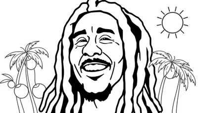 Kleurplaat van Bob Marley met een brede lach, omringd door palmbomen en een zon, die een tropische sfeer uitstraalt.