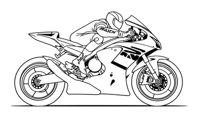 Zwart-wit kleurplaat van een sportmotor met een coureur in actie.
