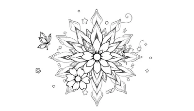 Gedetailleerde lijntekening van een centrale, complexe bloem in mandala-stijl, met een kleinere bloem links, een zwevende vlinder bovenaan links, een elfje op een bloemblaadje bovenaan rechts, en diverse decoratieve sterren, cirkels en geometrische vormen verspreid.