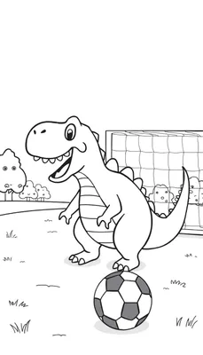 Kleurplaat van een lachende cartoon dinosaurus met een voetbal voor zich, bij een voetbaldoel in een park.