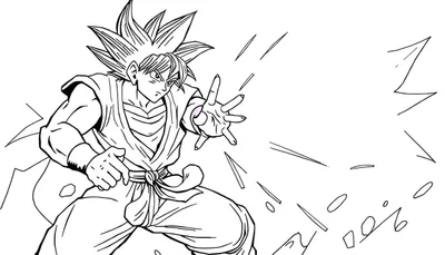 Lijntekening van Goku in Super Saiyan-vorm, met stekelig geel haar, die een energieaanval oplaadt. Omringd door dynamische lijnen en effecten.