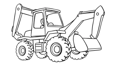 Zwart-witte lijntekening van een cartooneske graaflader met laadbak aan de voorkant en graafarm aan de achterkant, klaar om ingekleurd te worden.