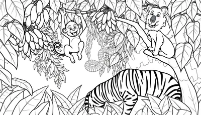 Kleurplaat van een jungle met een lachende aap die aan een tak hangt, een koala op een andere tak, een slang die naar beneden kronkelt en de rug van een tijger tussen de bladeren.