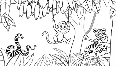 Kleurplaat van een jungle met een aap, tijgerwelp en slang.