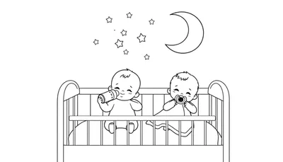 Zwart-wit tekening van twee blije baby's in een wieg onder een halve maan en sterren. De ene baby drinkt uit een flesje, de andere houdt een speentje vast.