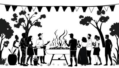 Kleurplaat van een buitenfeest met mensen rond een barbecue, bomen en slingers, getekend in silhouetstijl.