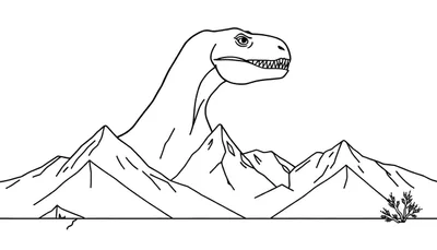 Kleurplaat van een grote dinosaurus met lange nek die achter een reeks bergen tevoorschijn komt. De dinosaurus kijkt naar rechts met scherpe tanden. Op de voorgrond bevinden zich een kleine rots met een scheur en een struikje.