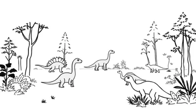 Zwart-witte lijntekening van een landschap met zes vriendelijk ogende dinosaurussen, waaronder een Stegosaurus, vier langnekdinosauriërs (twee grote, twee kleine) en een kleinere vierpotige herbivoor, omringd door diverse bomen en struiken.