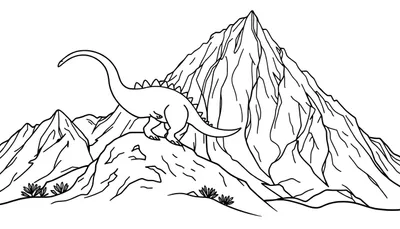 Een zwart-wit lijntekening van een grote dinosaurus met stekels op zijn rug, staand op een rotsachtige heuvel in een bergachtig landschap met kleine bosjes.