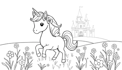 Lijntekening van een schattige eenhoorn met golvende manen en strik in een veld vol bloemen. Op de achtergrond een sprookjeskasteel met puntige torens en een prinses in de deuropening.