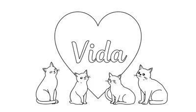 Zwart-wit lijntekening van een groot hart met het woord 'Vida' en vier schattige katten eronder.