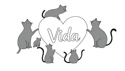 Kleurplaat van een groot wit hart met het woord 'Vida' erin, omringd door zes grijze katten met zwarte staarten, oren, snorharen en lachende gezichtjes.