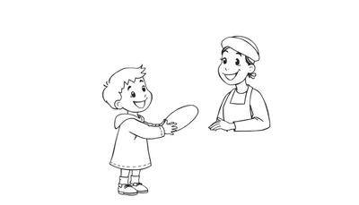 Zwart-wit tekening van een lachende jongen met een frisbee en een lachende vrouw met een koksmuts en schort, die elkaar aankijken.