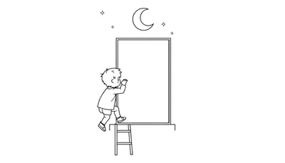 Zwart-wit lijntekening van een jongetje dat in een rechthoekig kader klimt, met een laddertje eronder. Boven het kader zijn een halve maan en sterretjes te zien.