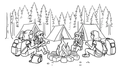 Zwart-wit kleurplaat van vier lachende meisjes in scoutinguniformen die rond een kampvuur zitten in een bos, met tenten en rugzakken op de achtergrond.
