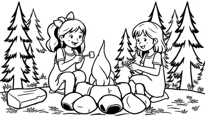 Kleurplaat van twee lachende meisjes die marshmallows roosteren boven een kampvuur in een bosrijke omgeving.