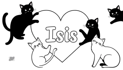 Kleurplaat van vijf katten, drie zwart en twee wit, rondom een hart met de naam 'Isis'. De zwarte katten zijn ingekleurd behalve hun ogen en oren. De witte katten, het hart en de naam zijn lijntekeningen.