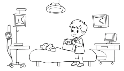 Zwart-wit kleurplaat van een jongen in doktersjas die een teddybeer op een bed onderzoekt. Links een infuuspaal, rechts een medicijnkastje. Boven een operatielamp.