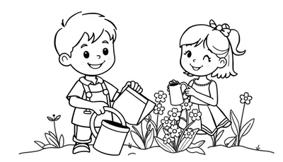 Zwart-wit kleurplaat van een lachende jongen en een knipogend meisje die planten water geven in een tuin vol bloemen en groenten.