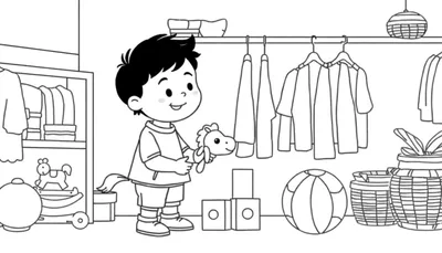Zwart-wit kleurplaat van een kinderkamer met een jongetje dat een knuffelpaardje vasthoudt, omringd door speelgoed en meubels.