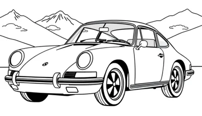 Zwart-wit kleurplaat van een klassieke Porsche 911 sportwagen met ronde koplampen, vijfspaaks wielen en achtergrond van bergen en wolken.