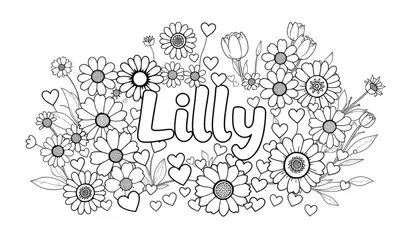 Zwart-wit kleurplaat met de naam Lilly in grote bubbelletters, omringd door bloemen en hartjes.