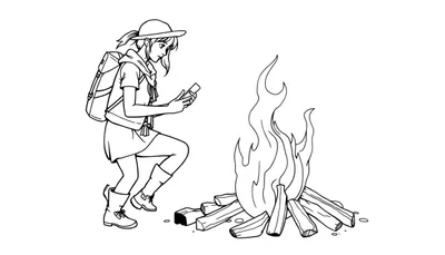 Zwart-wit lijntekening van een meisje met rugzak en capuchon die naar een smartphone kijkt, naast een kampvuur.