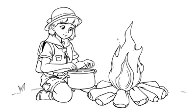 Cartoontekening van een meisje in padvindersuniform die met een lepel in een kookpot roert boven een kampvuur met vlammen.