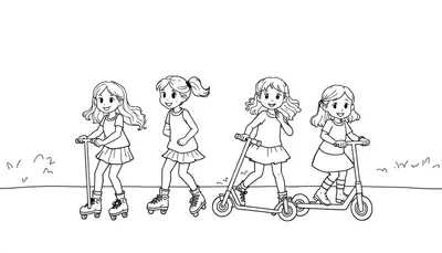 Een zwart-wit tekening van vier lachende jonge meisjes die buiten aan het steppen en rolschaatsen zijn.