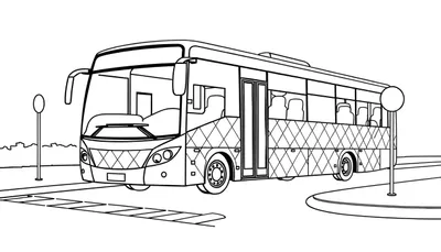 Zwart-wit lijntekening van een moderne bus op een weg bij een bushalte, met een stadssilhouet op de achtergrond.