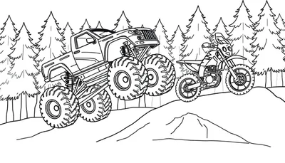 Kleurplaat van een monstertruck aan de linkerkant en een crossmotor aan de rechterkant, rijdend in een heuvelachtig bos met dennenbomen.