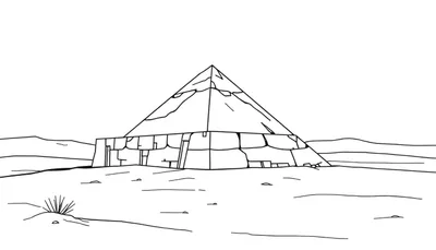 Zwart-witte lijntekening van een piramide in een woestijnlandschap met bergen op de achtergrond.