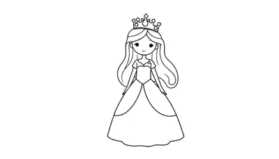 Zwart-witte lijntekening van een schattige prinses met een kroon, lang golvend haar en een baljurk, klaar om ingekleurd te worden.