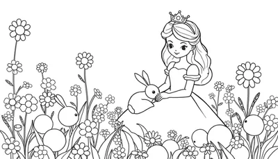 Kleurplaat van een glimlachende prinses met lang haar en een kroon, die een konijntje vasthoudt te midden van bloemen en planten.