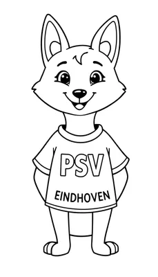 Zwart-wit tekening van een vriendelijke cartoon mascotte, mogelijk een vos of hond, met een PSV Eindhoven T-shirt, klaar om ingekleurd te worden.