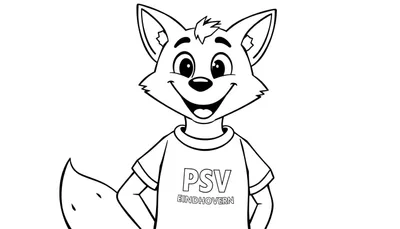 Zwart-witte cartoontekening van een blije vos die een PSV Eindhoven T-shirt draagt, klaar om ingekleurd te worden.