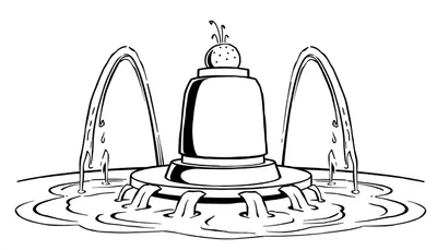Zwart-wit cartoon tekening van een fontein met waterstralen en een bassin, klaar om ingekleurd te worden.