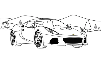 Zwart-wit lijntekening van een sportauto, vermoedelijk een Lotus Exige, met gedetailleerde velgen en koplampen, staand voor een achtergrond van heuvels en dennenbomen, als kleurplaat.