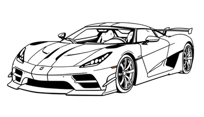 Zwart-witte lijntekening van een aerodynamische hypercar, gezien vanuit een driekwart vooraanzicht, met gedetailleerde koplampen, grote luchtinlaten, sportieve velgen en een vaste achterspoiler.