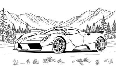 Zwart-wit lijntekening van een sportwagen in een berglandschap met bos en water, ideaal om in te kleuren.