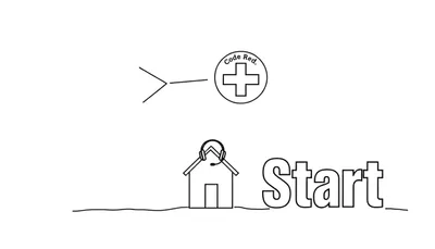Lijntekening van een proces: pijlvormig element wijst naar 'Code Red' met medisch kruis. Onderaan een huis met headset en de tekst 'Start'.