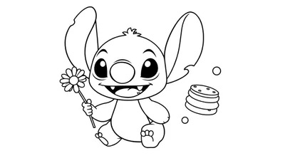 Kleurplaat van Stitch die lacht met een bloem en koekjes.