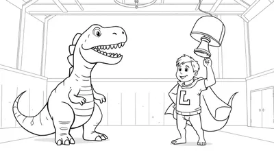 Kleurplaat van een jongetje in superheldenkostuum dat een bel omhoog houdt, kijkend naar een grote, lachende dinosaurus (T-Rex).