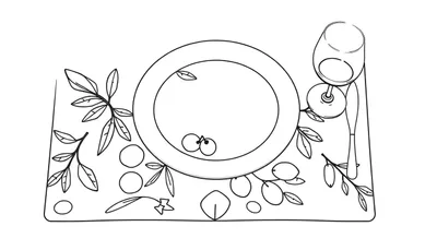 Zwart-wit lijntekening van een tafelschikking met een placemat, bord, mes en wijnglas, klaar om ingekleurd te worden.