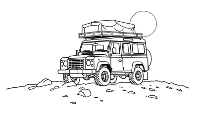 Gedetailleerde lijntekening kleurplaat van een avontuurlijke terreinwagen met daktent, imperiaal en reservewiel, staand op een rotsachtige ondergrond met een grote cirkel aan de hemel.